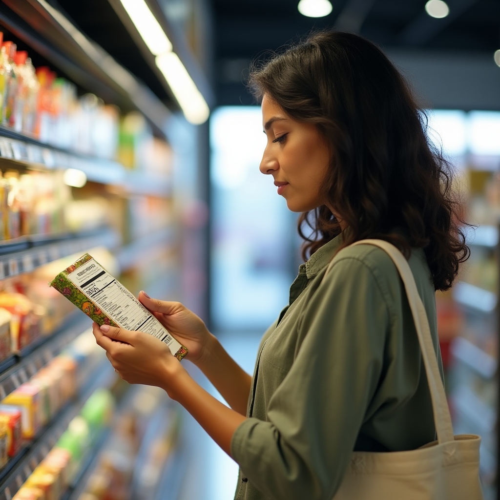 Person liest Lebensmitteletikett im Supermarkt